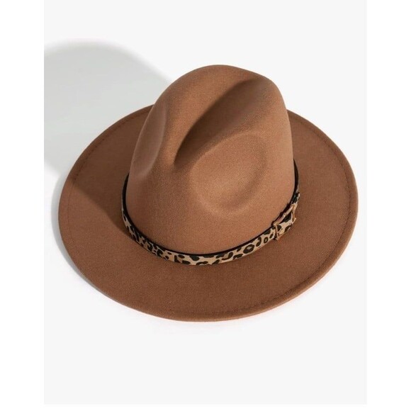 New! Women's Wide Brim Felt Fedora Panama Hat with Leopard Print Buckle - Picture 2 of 9
